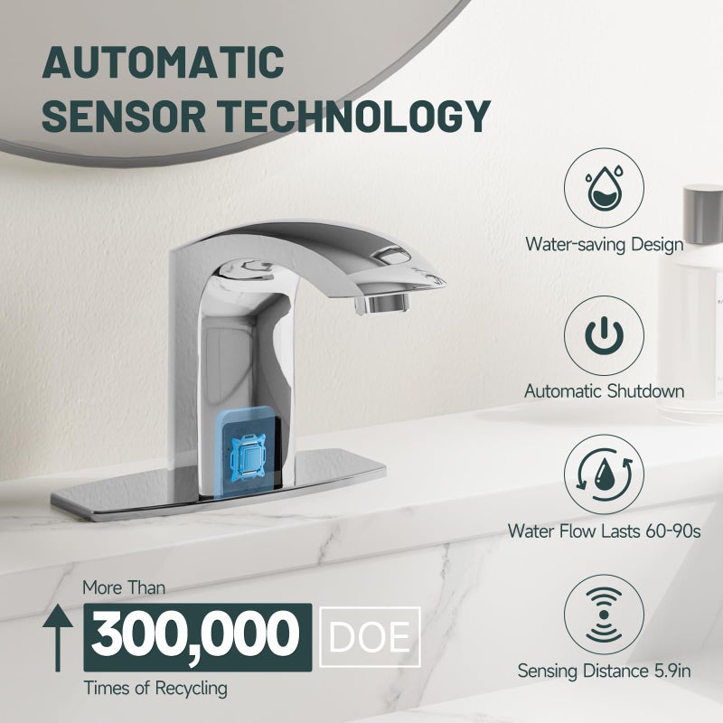 Green Spring Greenspring Touchless Bathroom Sink Faucet, Automatic Sensor Faucet, Hands Free Vanity Faucets, Commercial Deck Mount Bathroom Faucet with Cover Plate, Chrome - Image 3